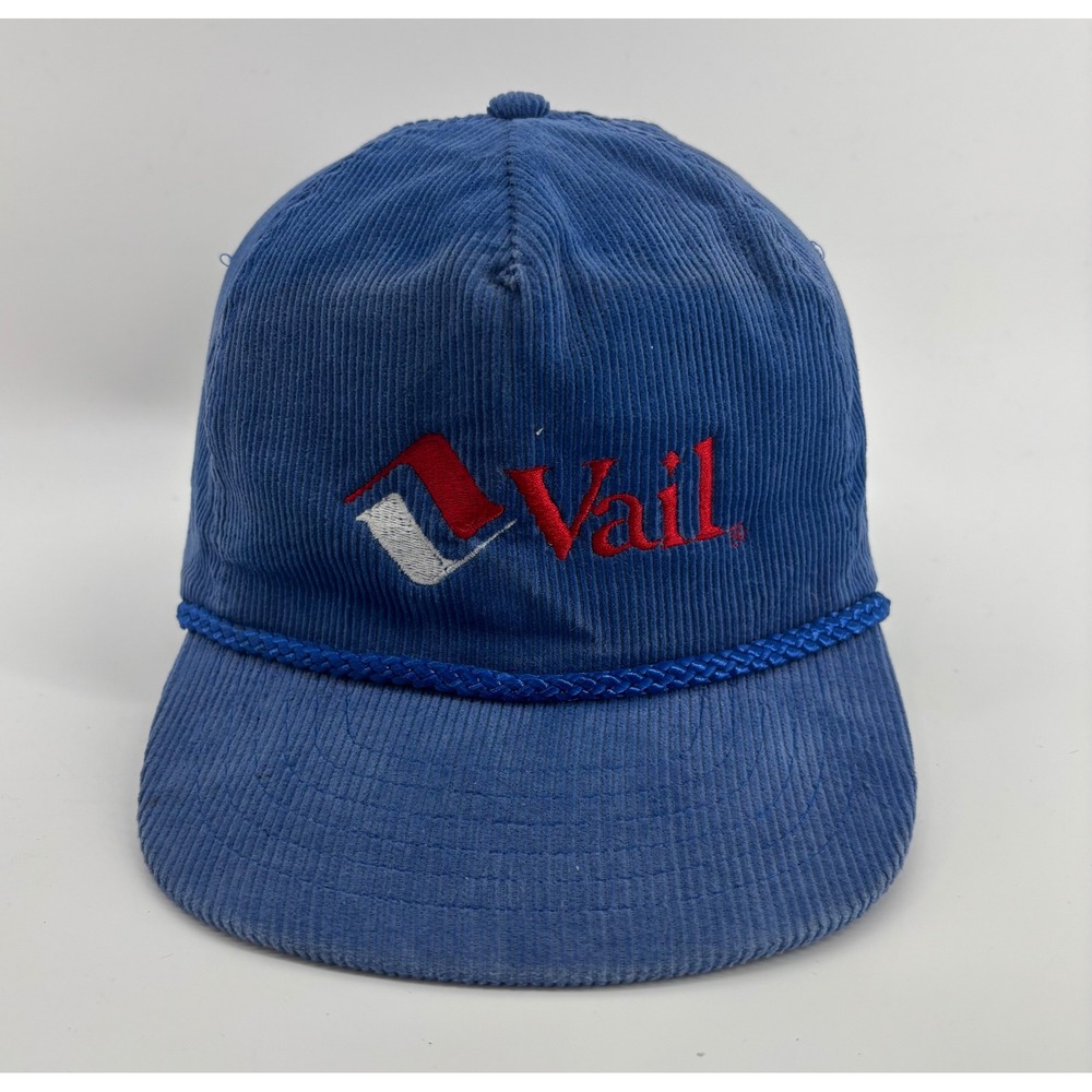 VTG 80s Vail Ski Resort Colorado Trucker Hat Men OS Blue Corduroy Rope Snapback